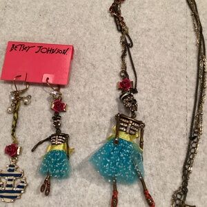 Betsy Johnson Day Of The Dead Ballerina Skeleton Earrings And Necklace NWOT